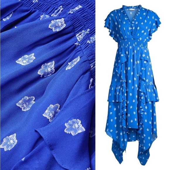 SHOSHANNA‎ Cobalt Floral Embroidered Asymmetric Hem Ruffle Tier Maxi Dress 14 - Picture 10 of 14